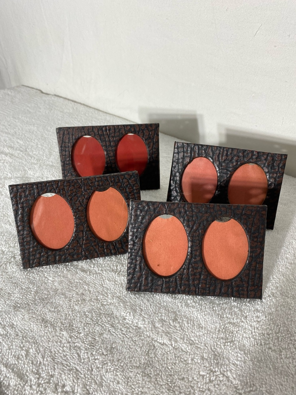Vintage MCM Faux Reptile Leatherette Mini Double Oval Photo Frames X4